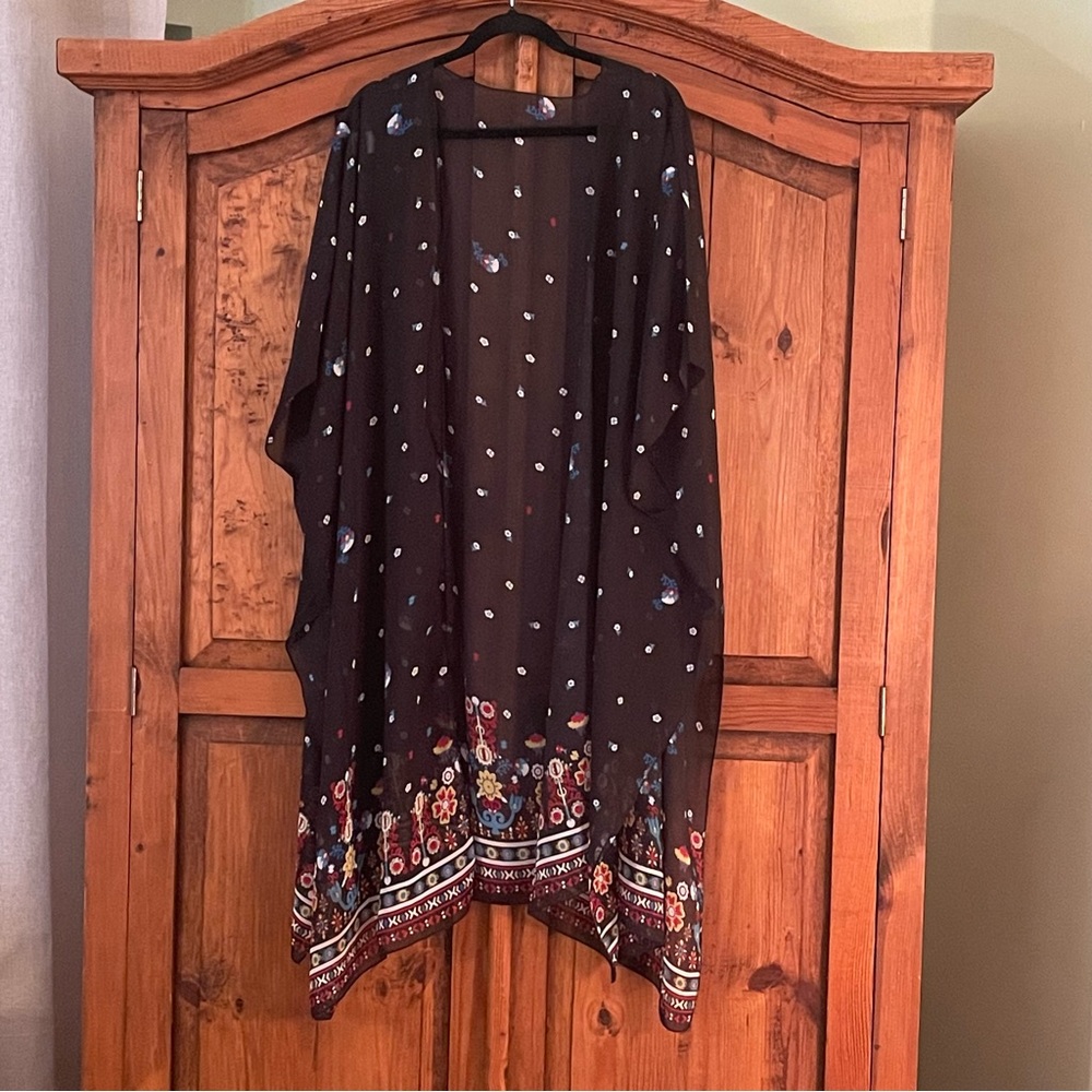 Black semi sheer open front long duster w/floral accents